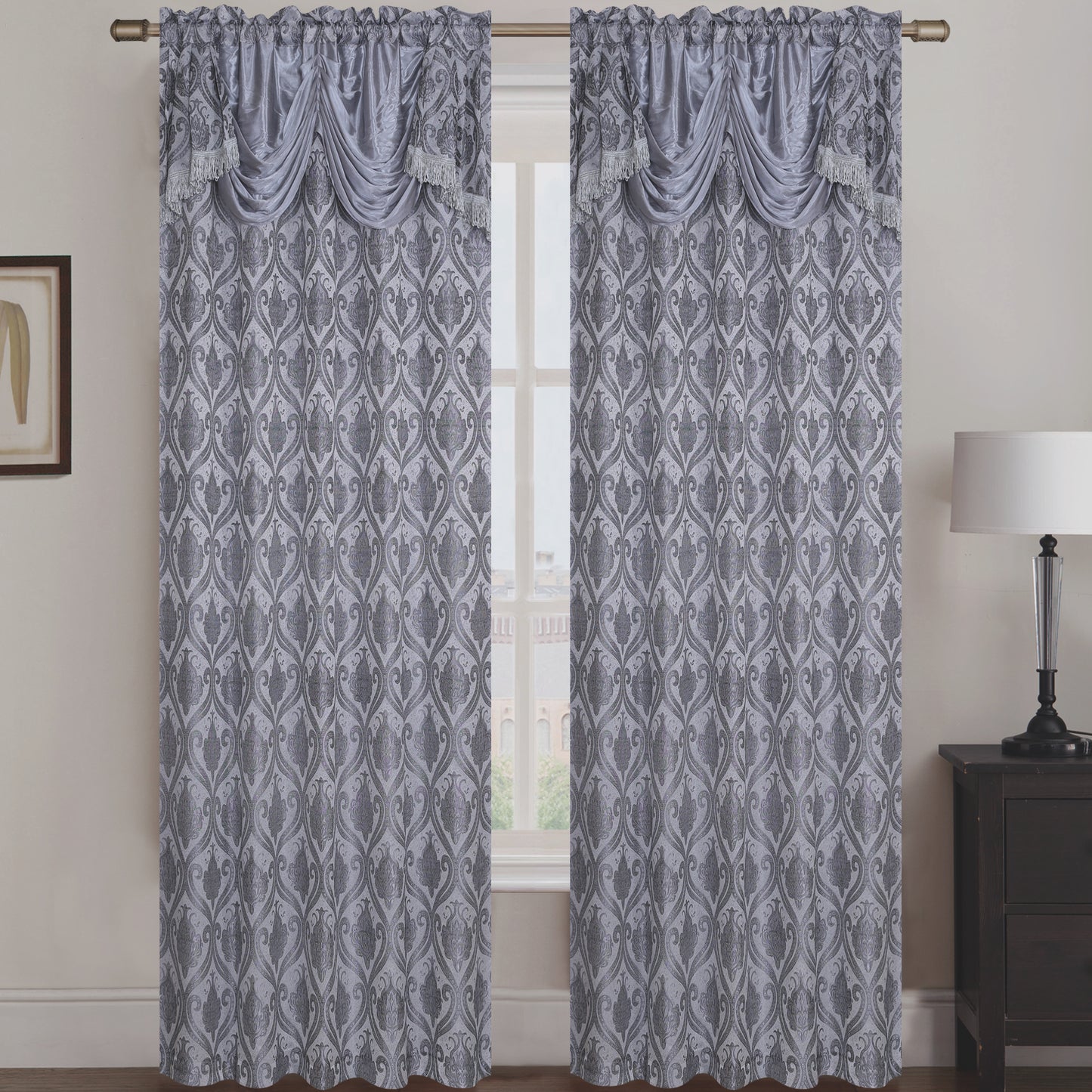 Rebecca Jacquard Rod Pocket Panel with Attached Valance Set of Two - Assorted Colors - Glory Home Design
