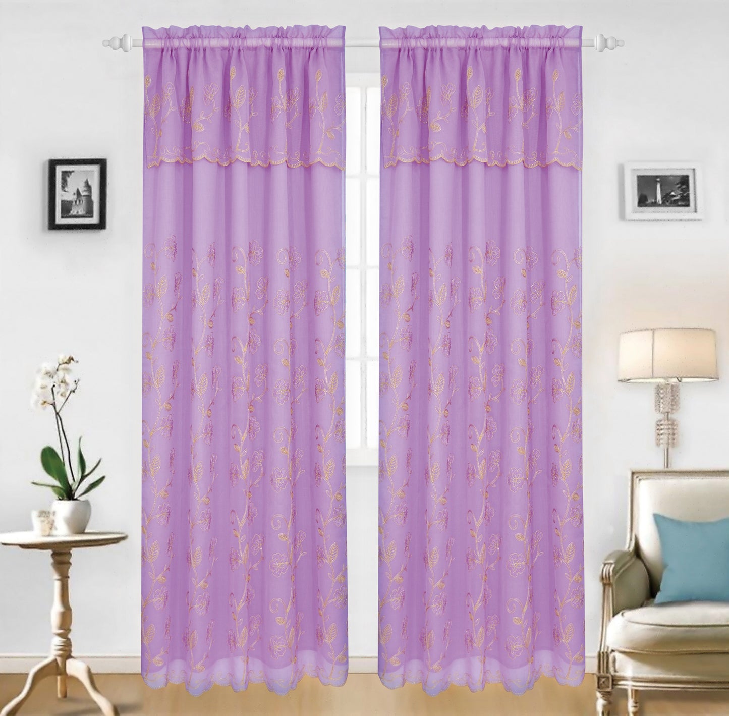 Lillian - Voile Rainbow Embroidered Panel with Valance & Satin backing - Glory Home Design