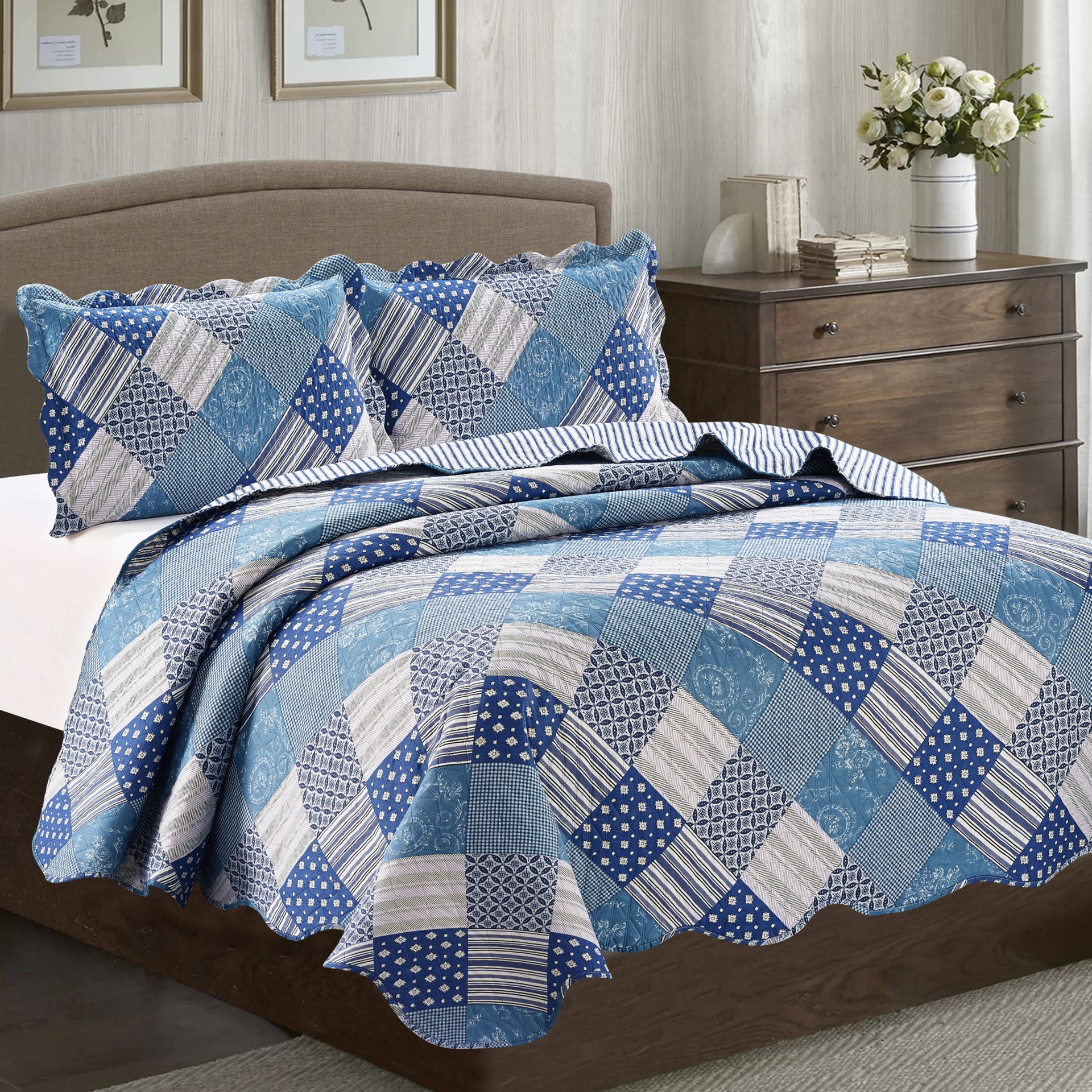 Jennifer 3 Piece Quilt Set - Blue - Glory Home Design