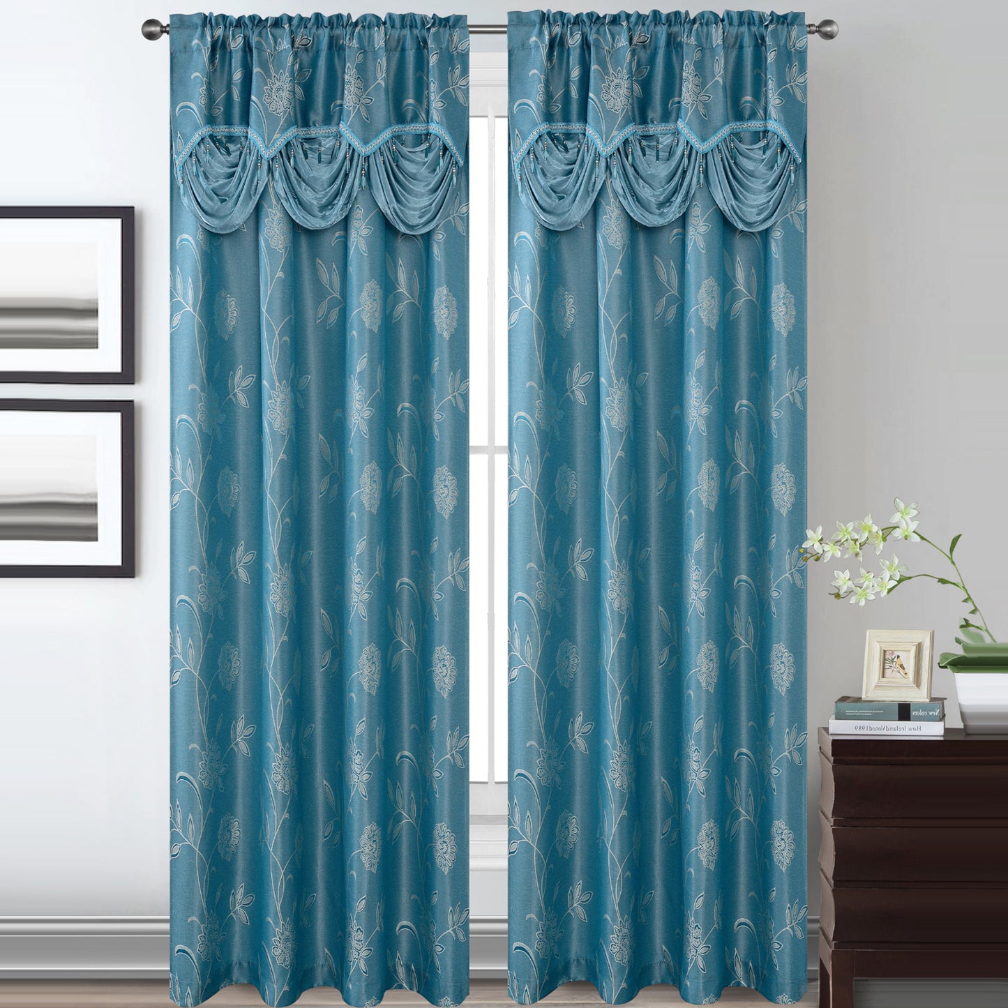 Lucia Jacquard Rod Pocket Panel with Attached Valance Set of Two - Assorted Colors - Glory Home Design