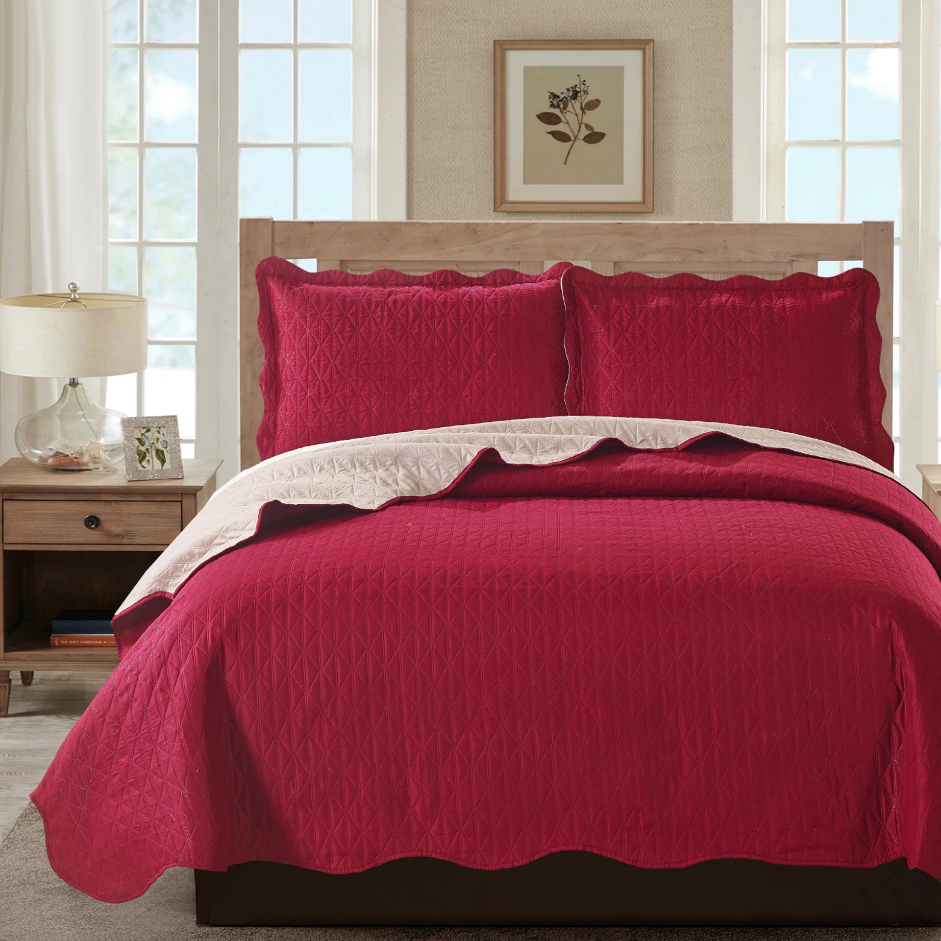 Sherry - 3 Piece - Solid Reversible Quilt Set - Burgundy - Glory Home Design