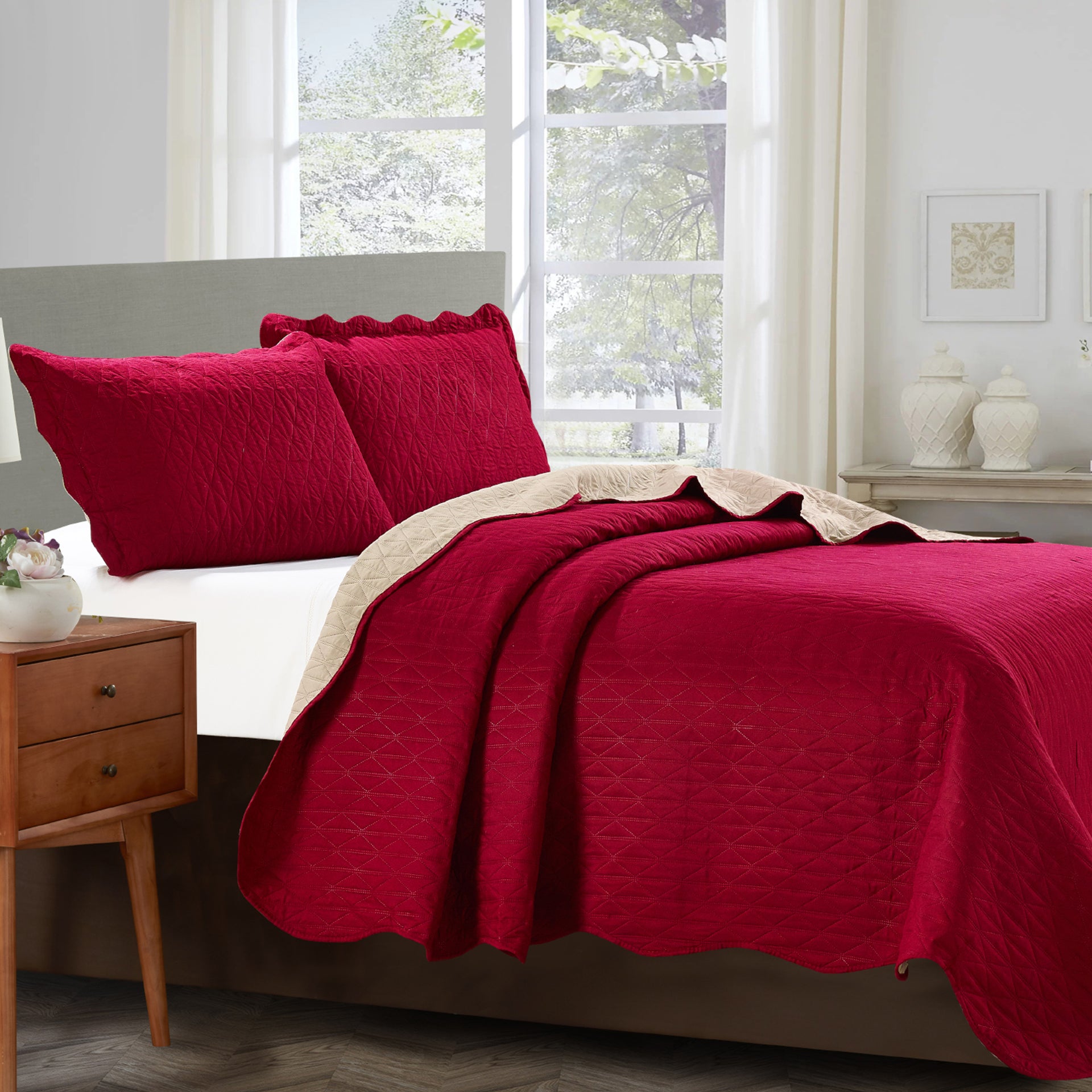 Sherry - 3 Piece - Solid Reversible Quilt Set - Burgundy - Glory Home Design