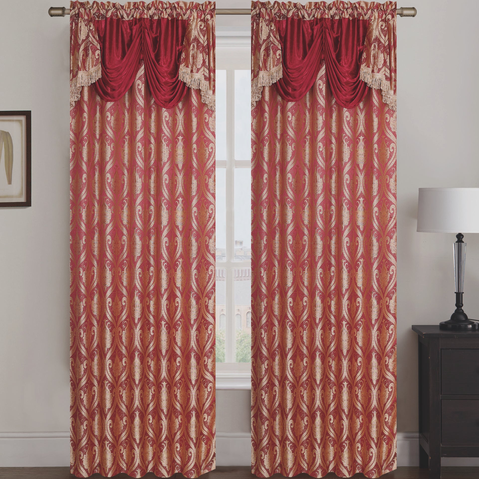 Rebecca Jacquard Rod Pocket Panel with Attached Valance Set of Two - Assorted Colors - Glory Home Design