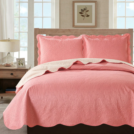 Sherry - 3 Piece - Solid Reversible Quilt Set - Coral - Glory Home Design