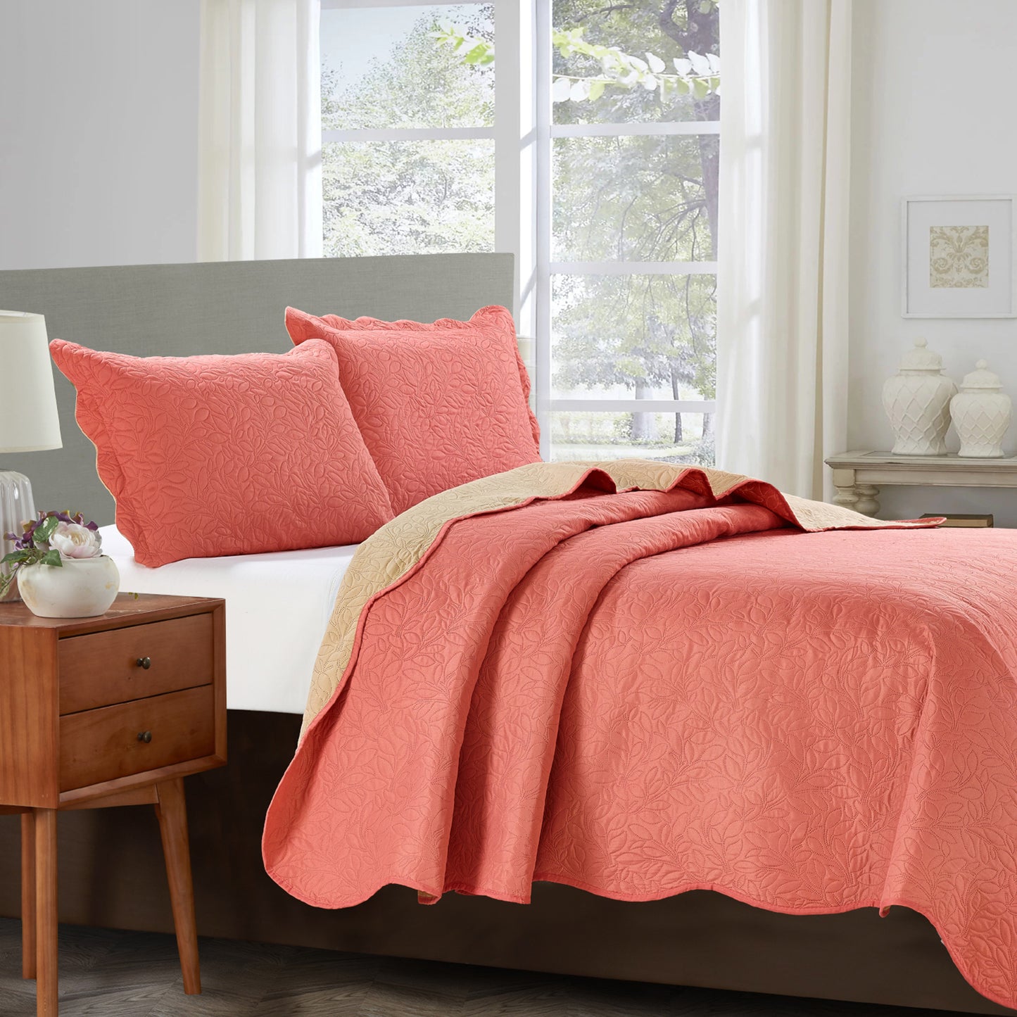 Sherry - 3 Piece - Solid Reversible Quilt Set - Coral - Glory Home Design