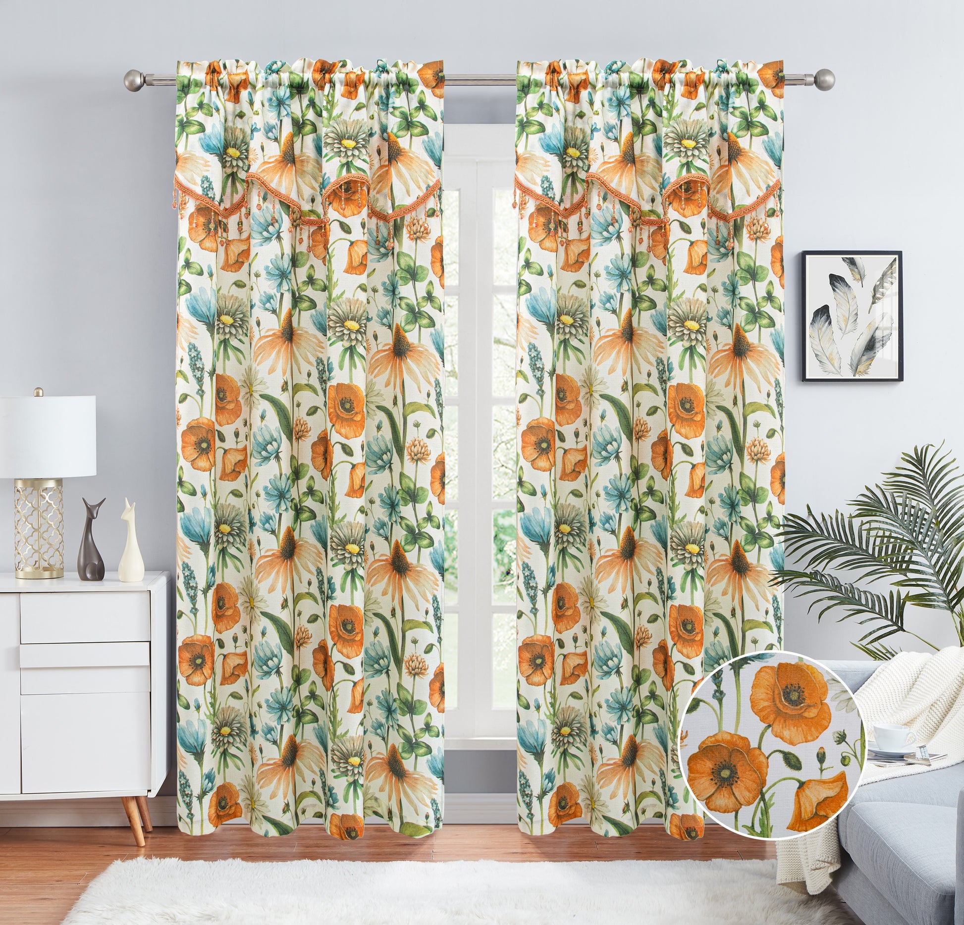 Eliza - Print Crepe Rod Pocket Panel with Attached Valance - Glory Home Design