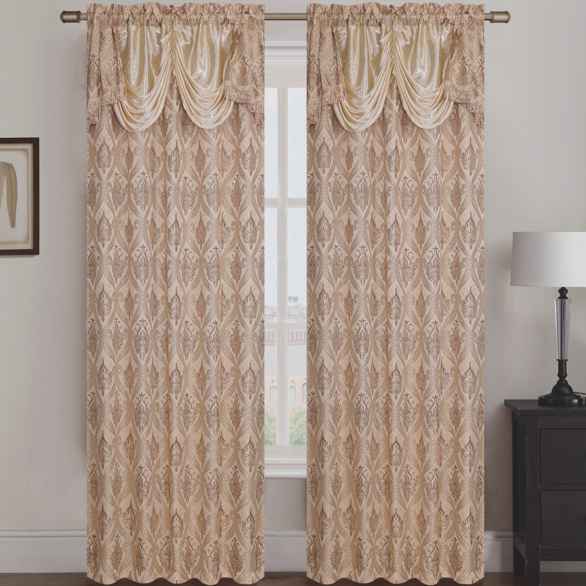 Rebecca Jacquard Rod Pocket Panel with Attached Valance Set of Two - Assorted Colors - Glory Home Design