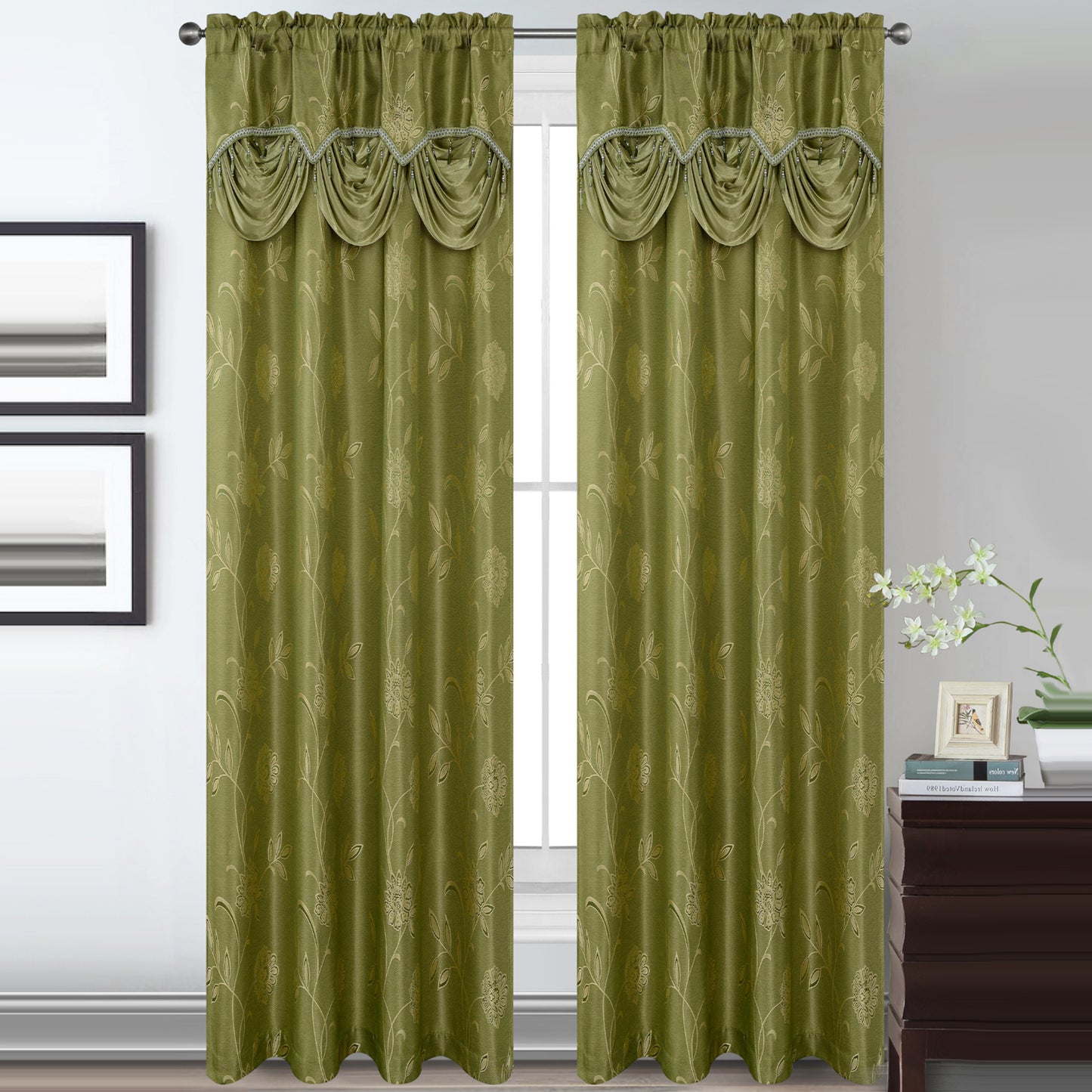 Lucia Jacquard Rod Pocket Panel with Attached Valance Set of Two - Assorted Colors - Glory Home Design