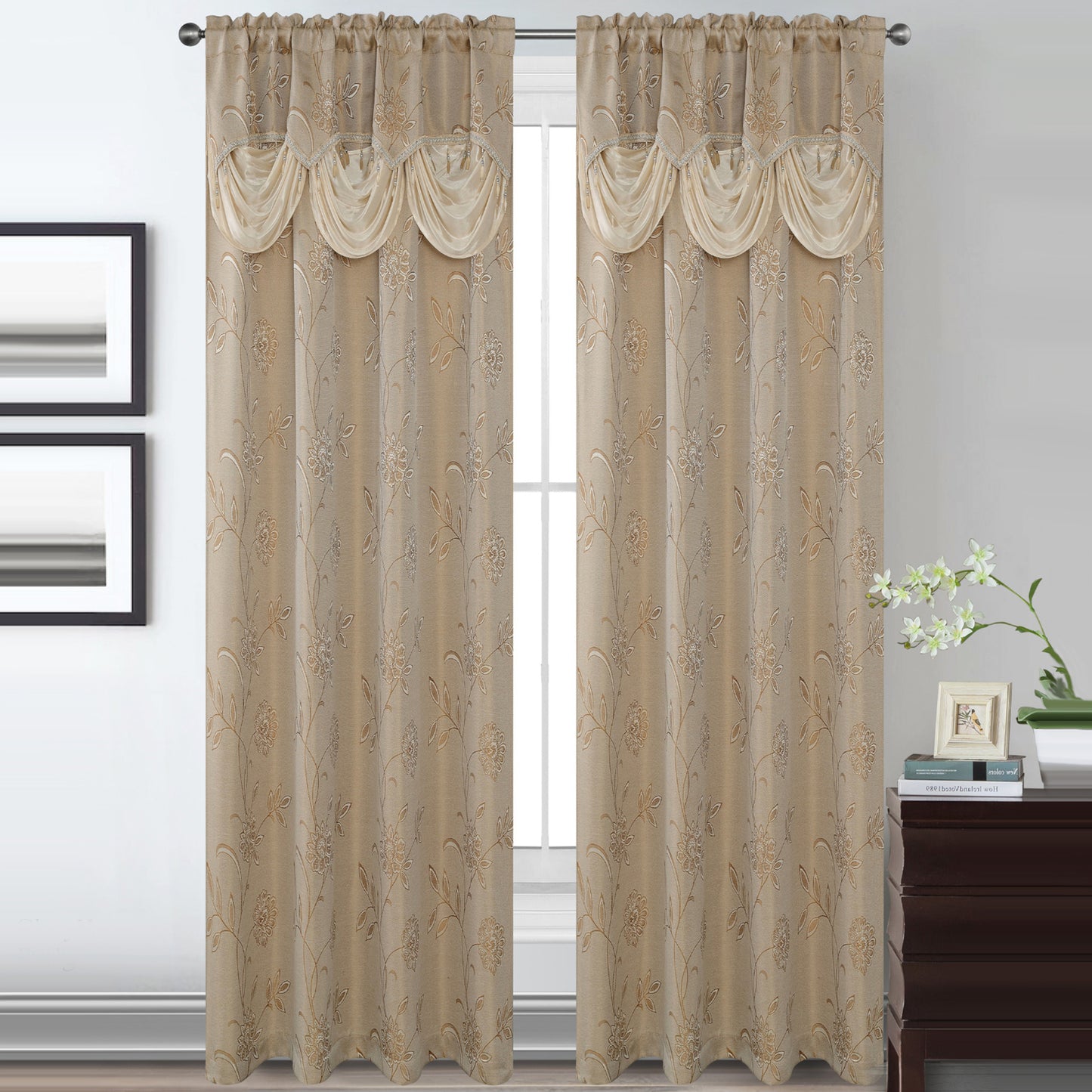 Lucia Jacquard Rod Pocket Panel with Attached Valance Set of Two - Assorted Colors - Glory Home Design