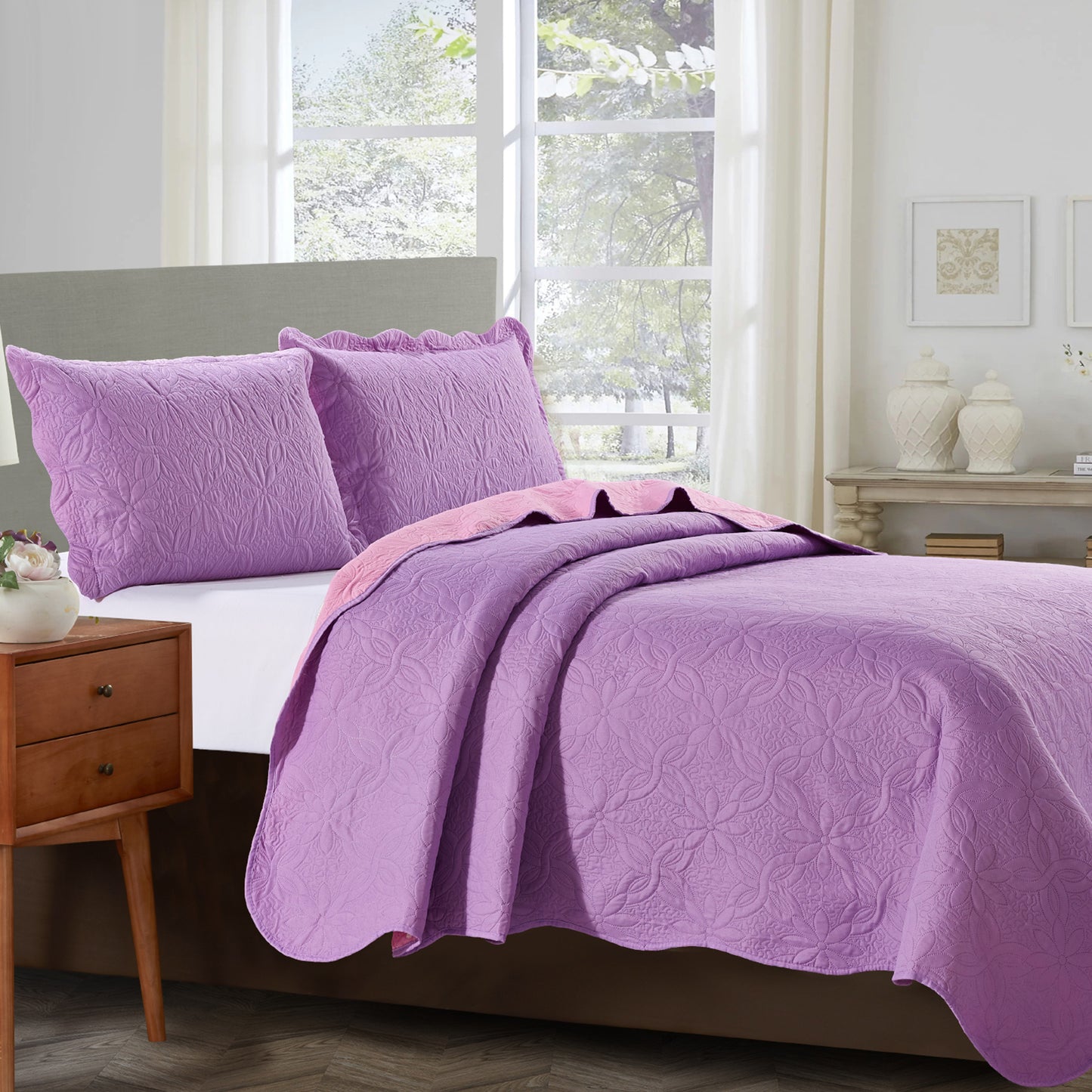 Sherry - 3 Piece - Solid Reversible Quilt Set - Lilac - Glory Home Design