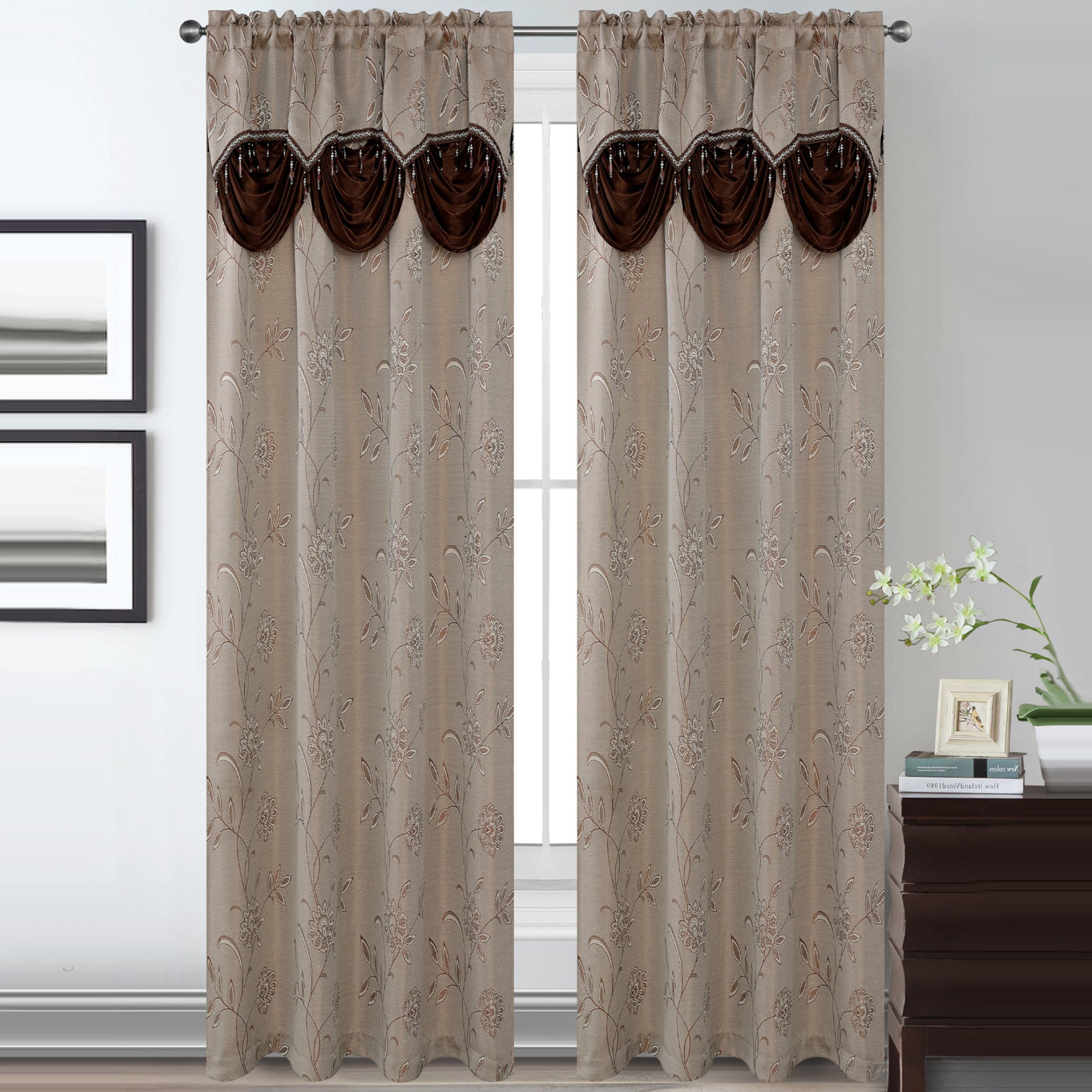 Lucia Jacquard Rod Pocket Panel with Attached Valance Set of Two - Assorted Colors - Glory Home Design