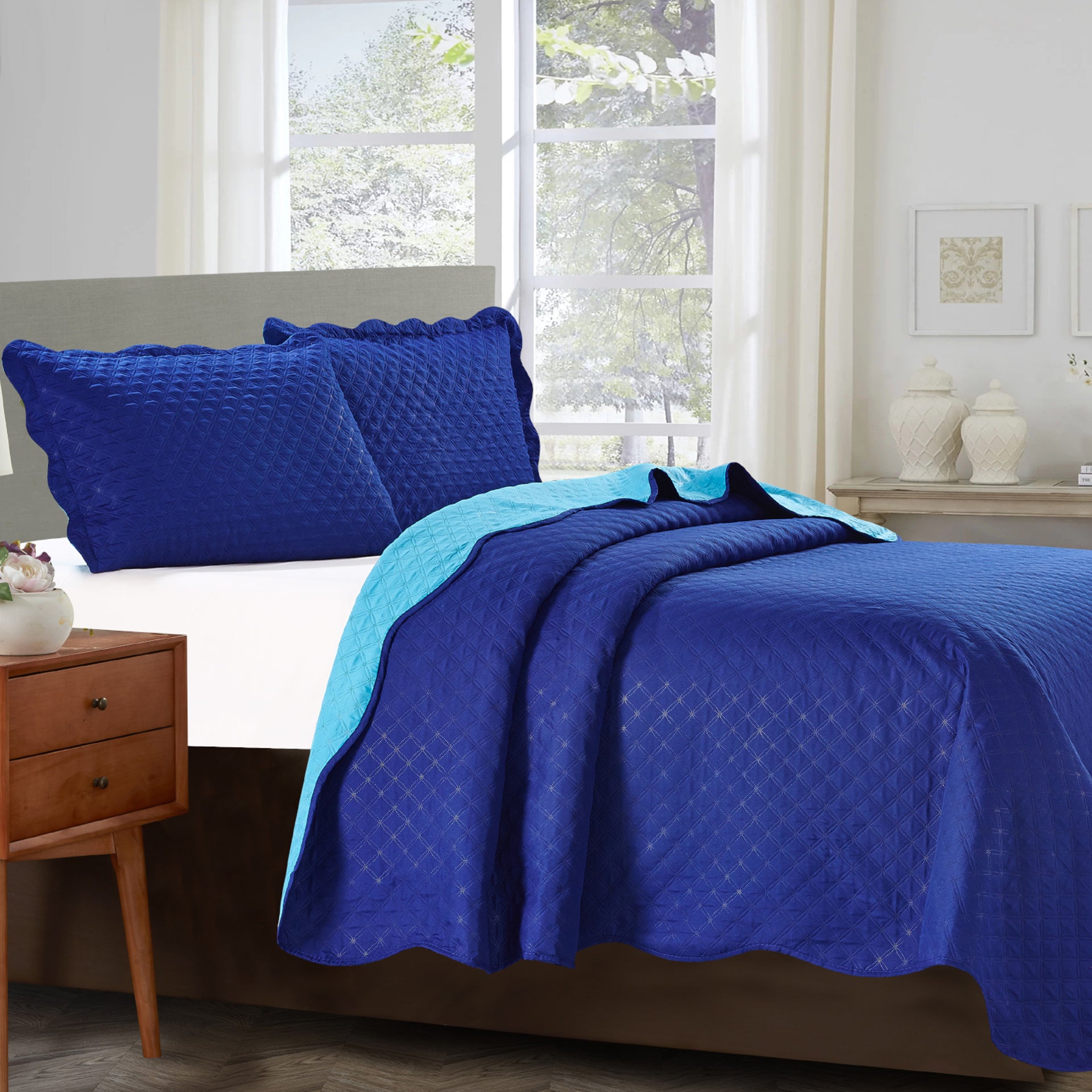 Sherry - 3 Piece - Solid Reversible Quilt Set - Navy - Glory Home Design
