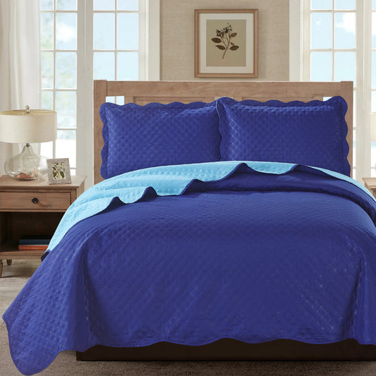 Sherry - 3 Piece - Solid Reversible Quilt Set - Navy - Glory Home Design