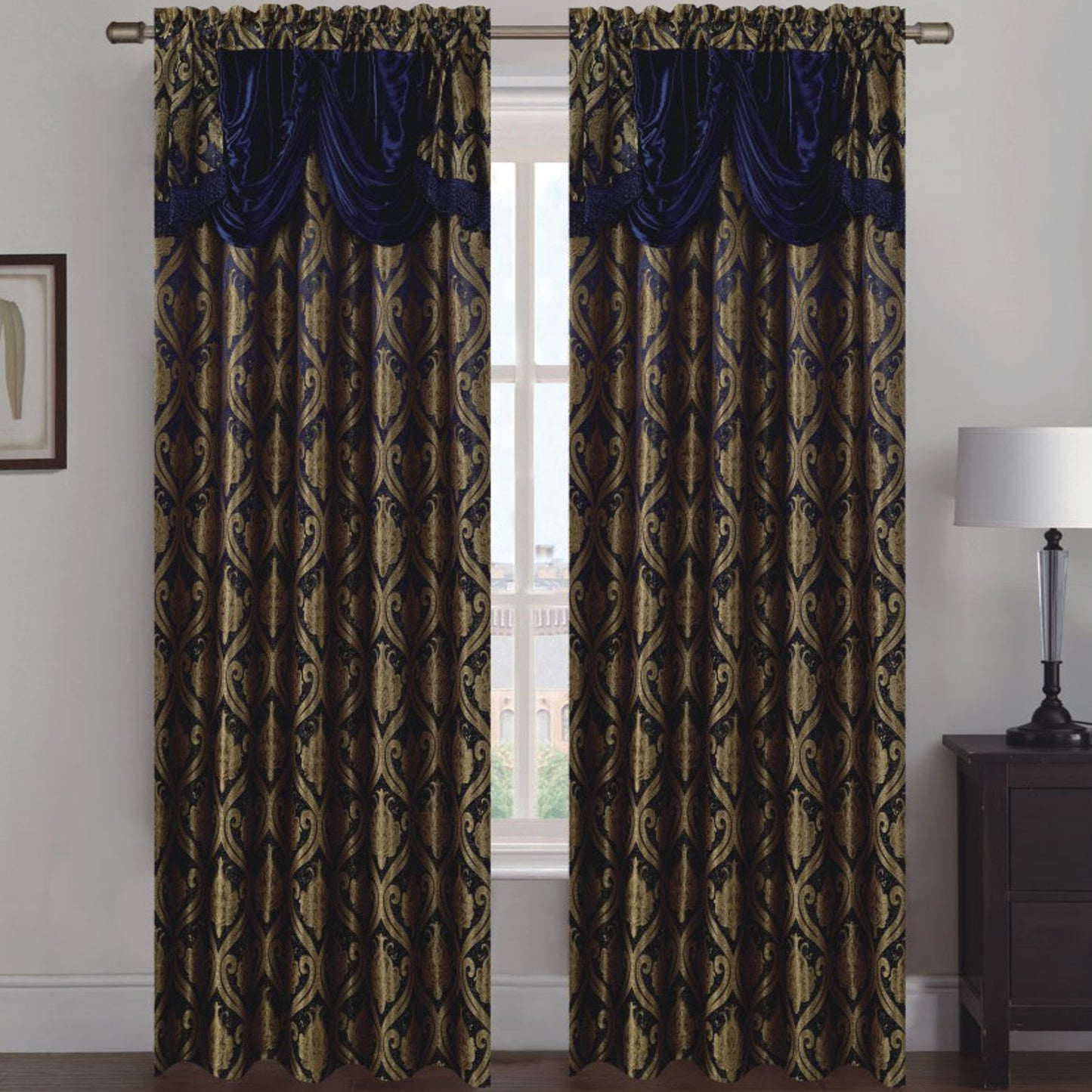 Rebecca Jacquard Rod Pocket Panel with Attached Valance Set of Two - Assorted Colors - Glory Home Design