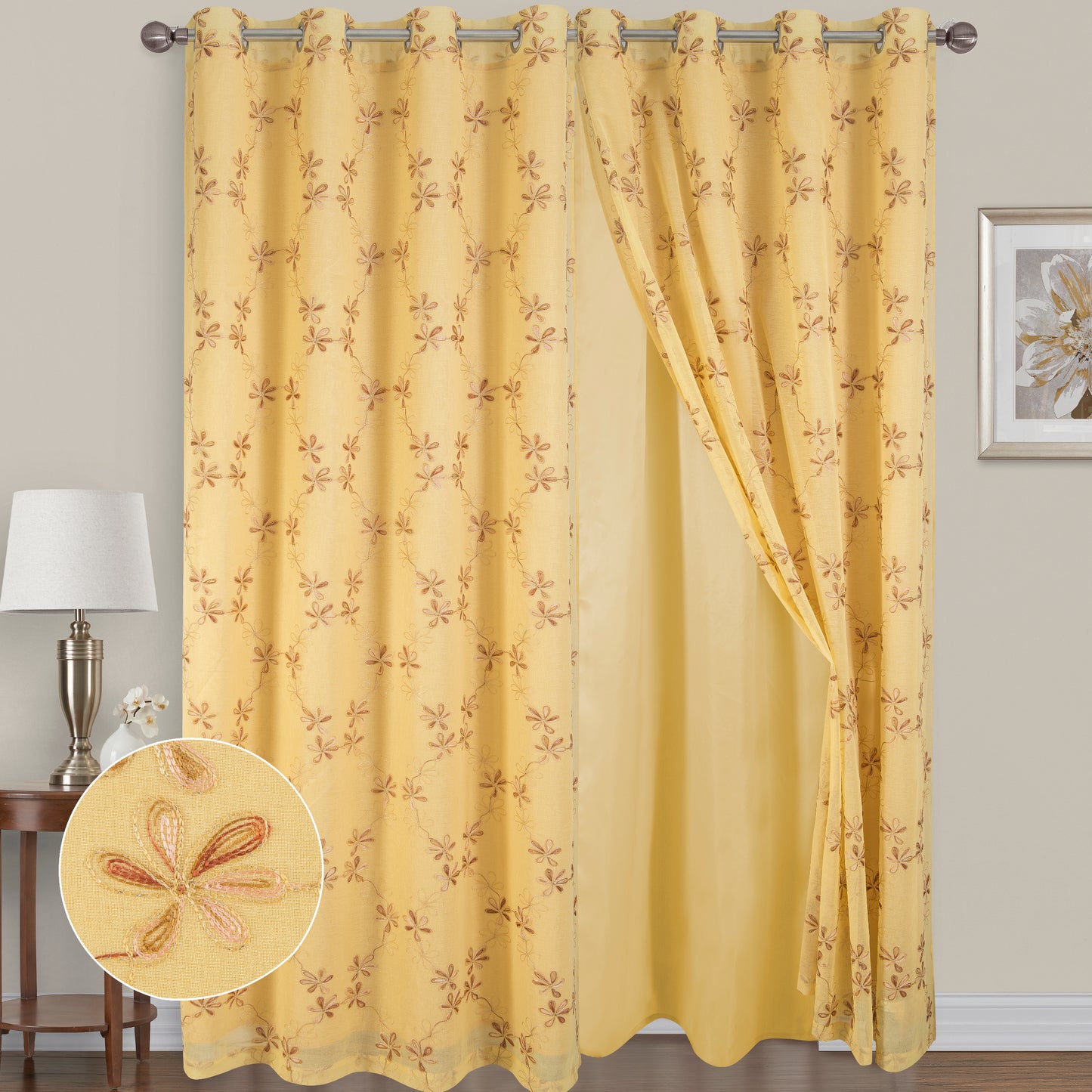 Odelia Embroidery Grommet Panel with Attached Backing 90''L - Glory Home Design