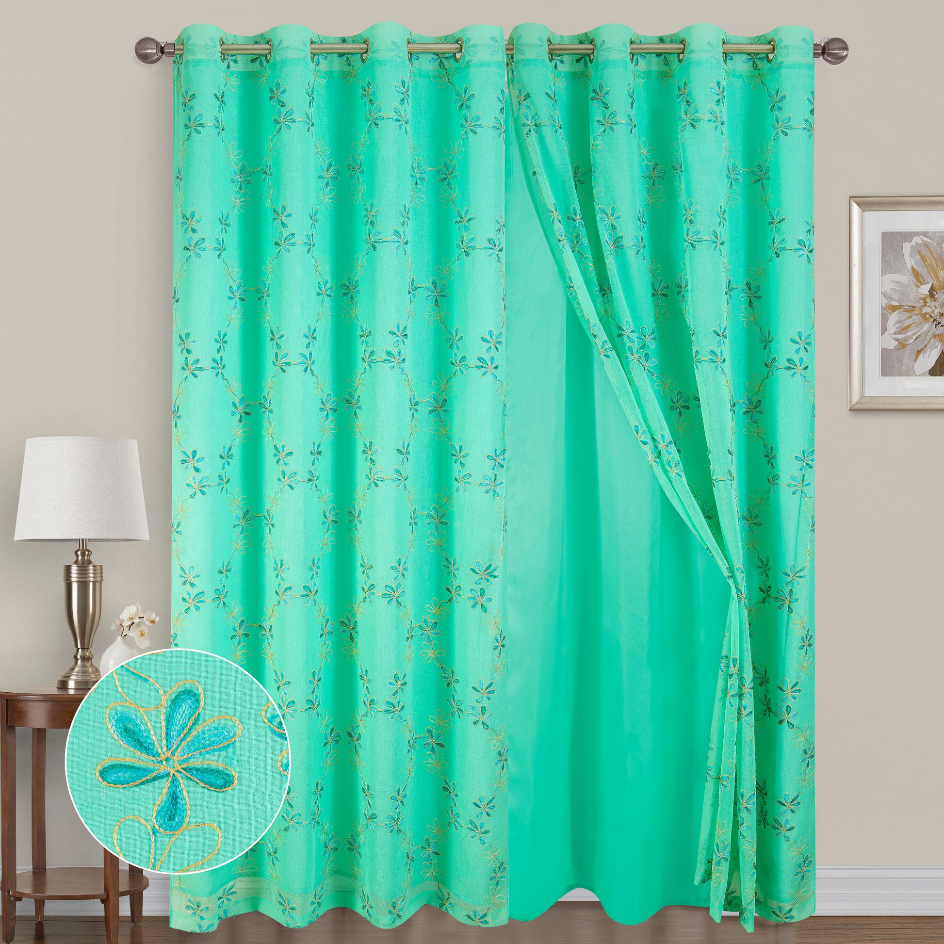 Odelia Embroidery Grommet Panel with Attached Backing 90''L - Glory Home Design