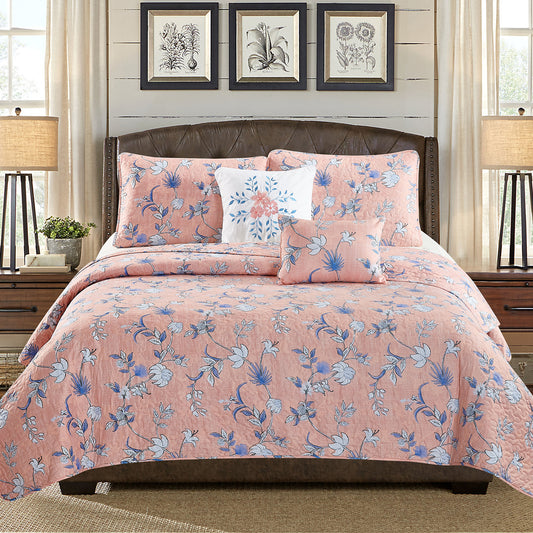 Karina - 5 Piece Quilt Set - Peach Floral - Glory Home Design