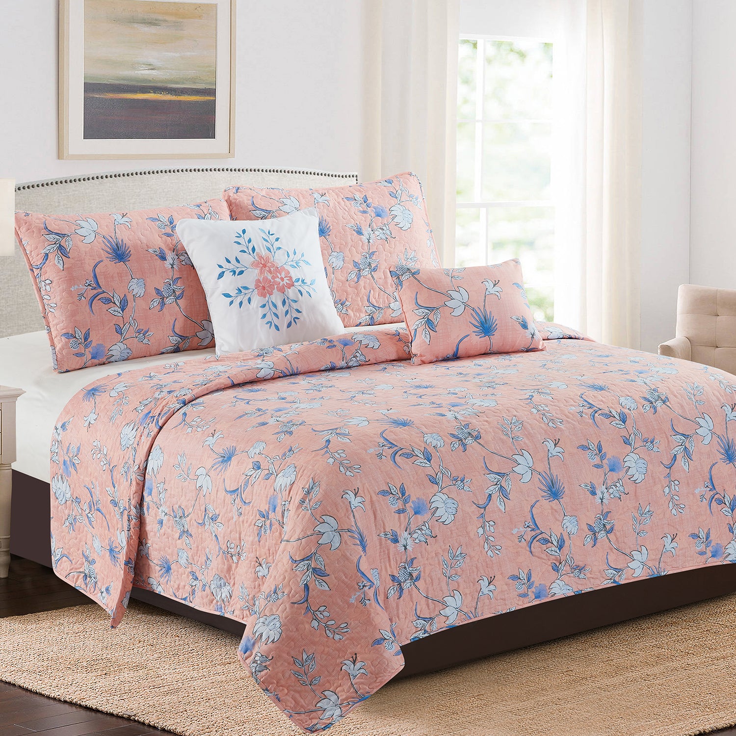 Karina - 5 Piece Quilt Set - Peach Floral - Glory Home Design