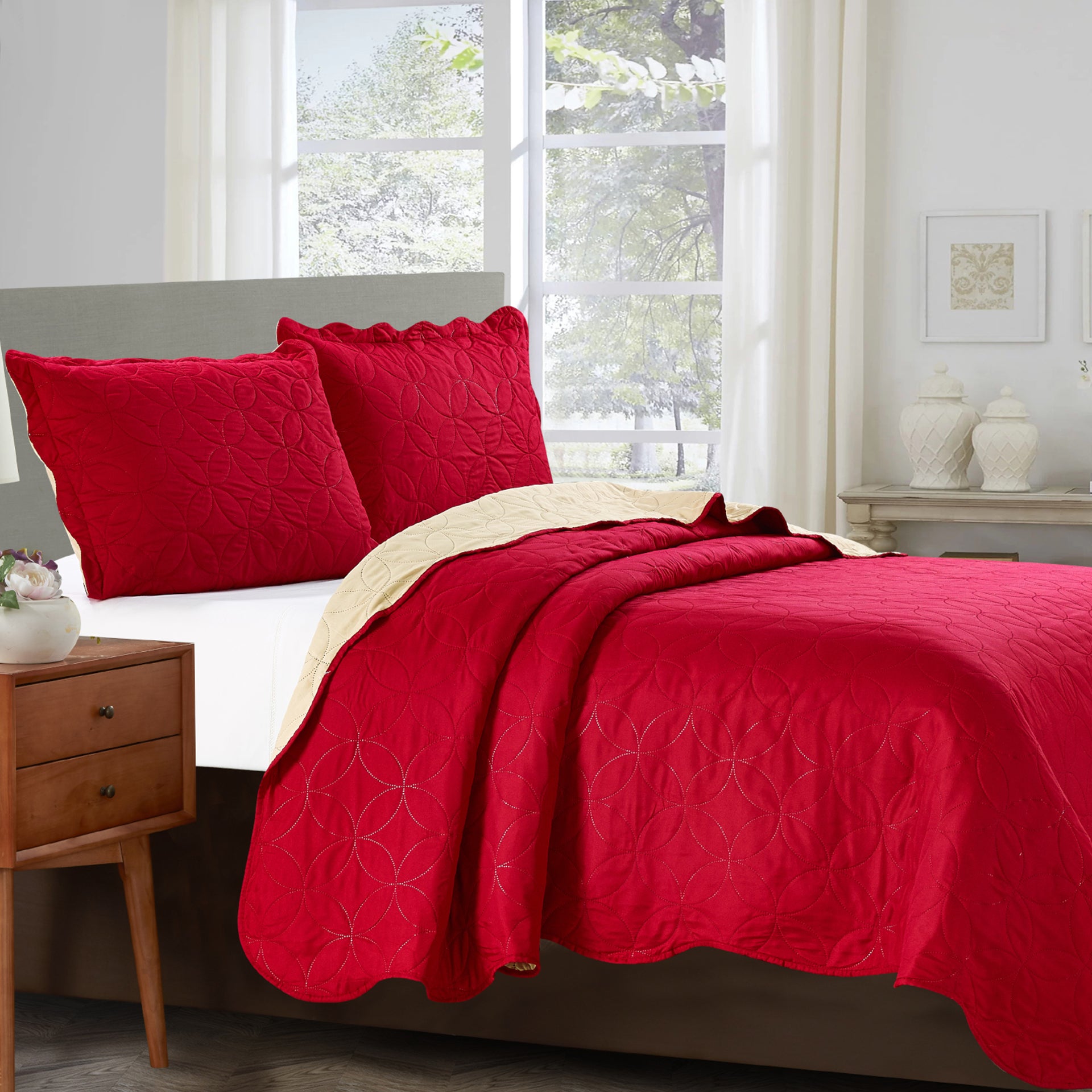 Sherry - 3 Piece - Solid Reversible Quilt Set - Red - Glory Home Design