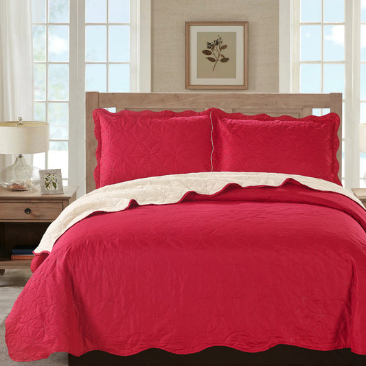 Sherry - 3 Piece - Solid Reversible Quilt Set - Red - Glory Home Design