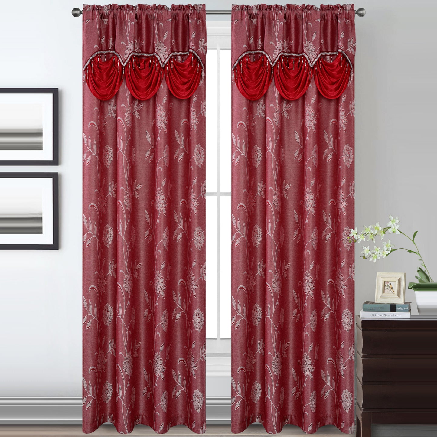 Lucia Jacquard Rod Pocket Panel with Attached Valance Set of Two - Assorted Colors - Glory Home Design