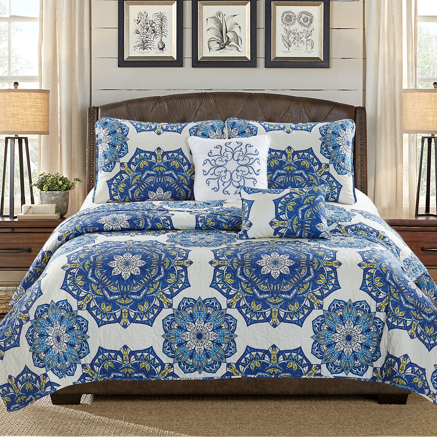 Karina - 5 Piece Quilt Set - Royal Blue Medallion - Glory Home Design