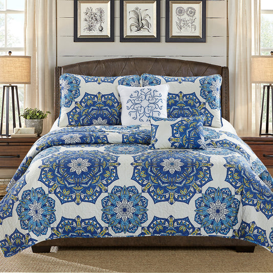 Karina - 5 Piece Quilt Set - Royal Blue Medallion - Glory Home Design