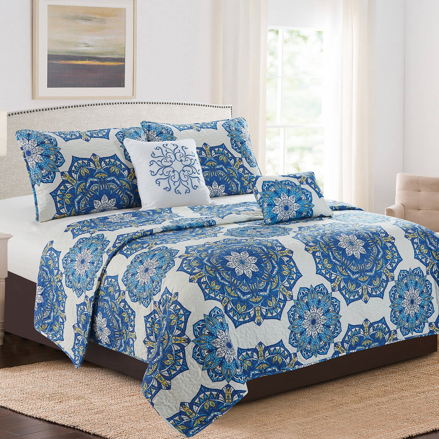 Karina - 5 Piece Quilt Set - Royal Blue Medallion - Glory Home Design