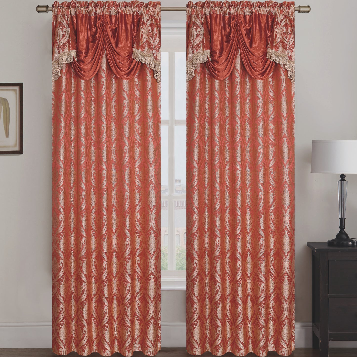 Rebecca Jacquard Rod Pocket Panel with Attached Valance Set of Two - Assorted Colors - Glory Home Design