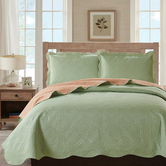 Sherry - 3 Piece - Solid Reversible Quilt Set - Sage - Glory Home Design