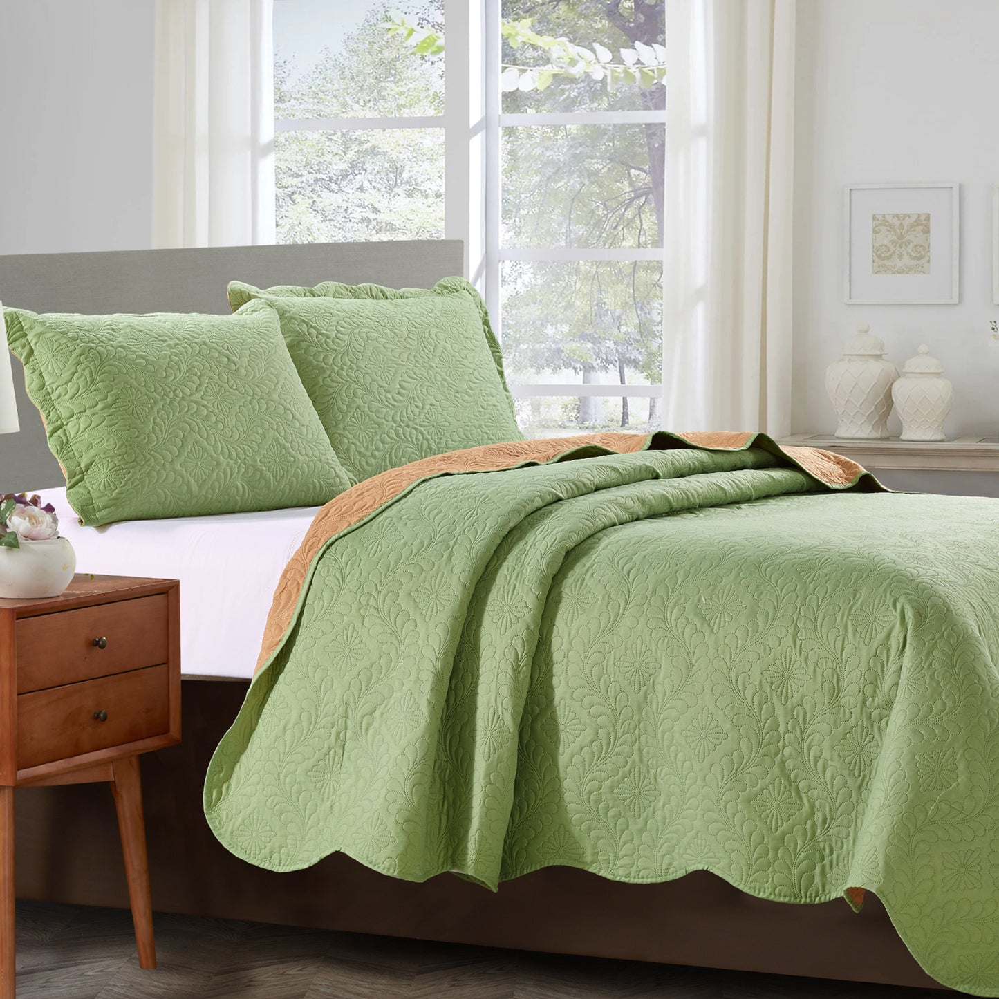 Sherry - 3 Piece - Solid Reversible Quilt Set - Sage - Glory Home Design
