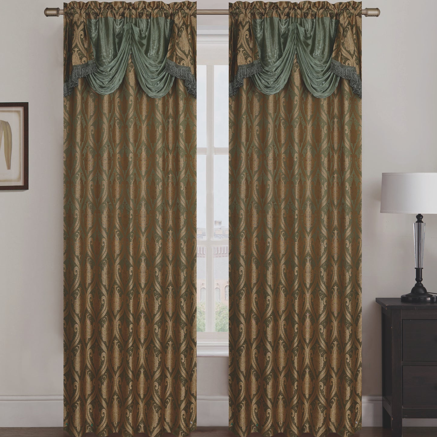 Rebecca Jacquard Rod Pocket Panel with Attached Valance Set of Two - Assorted Colors - Glory Home Design