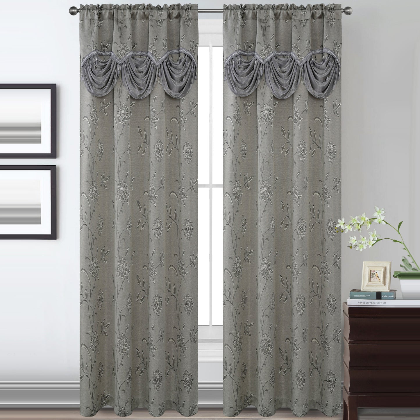 Lucia Jacquard Rod Pocket Panel with Attached Valance Set of Two - Assorted Colors - Glory Home Design