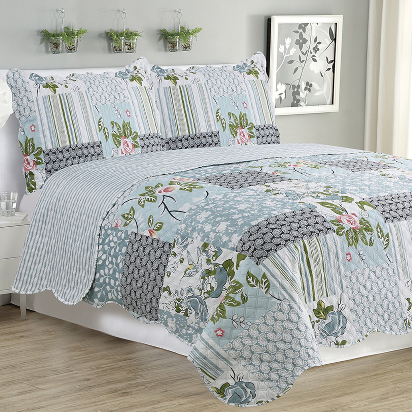 Kim - 3 Piece Quilt Set - Silver Bird Floral - Glory Home Design