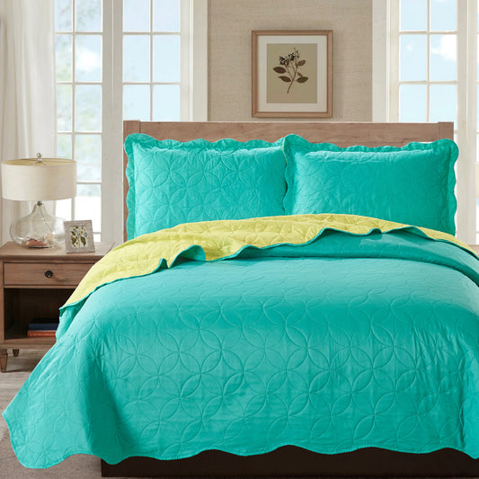 Sherry - 3 Piece - Solid Reversible Quilt Set - Turquoise - Glory Home Design