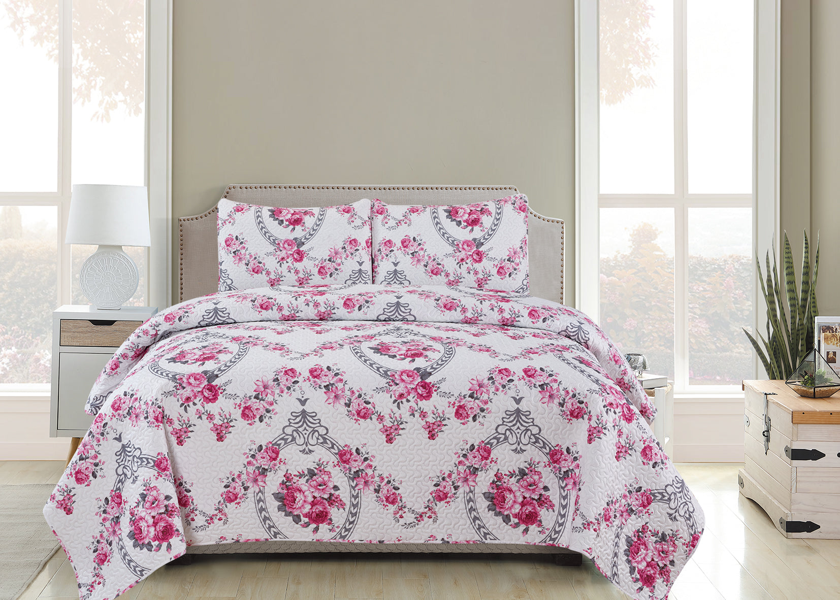 Vicky  - 3 Piece Quilt Set -Pink - Glory Home Design