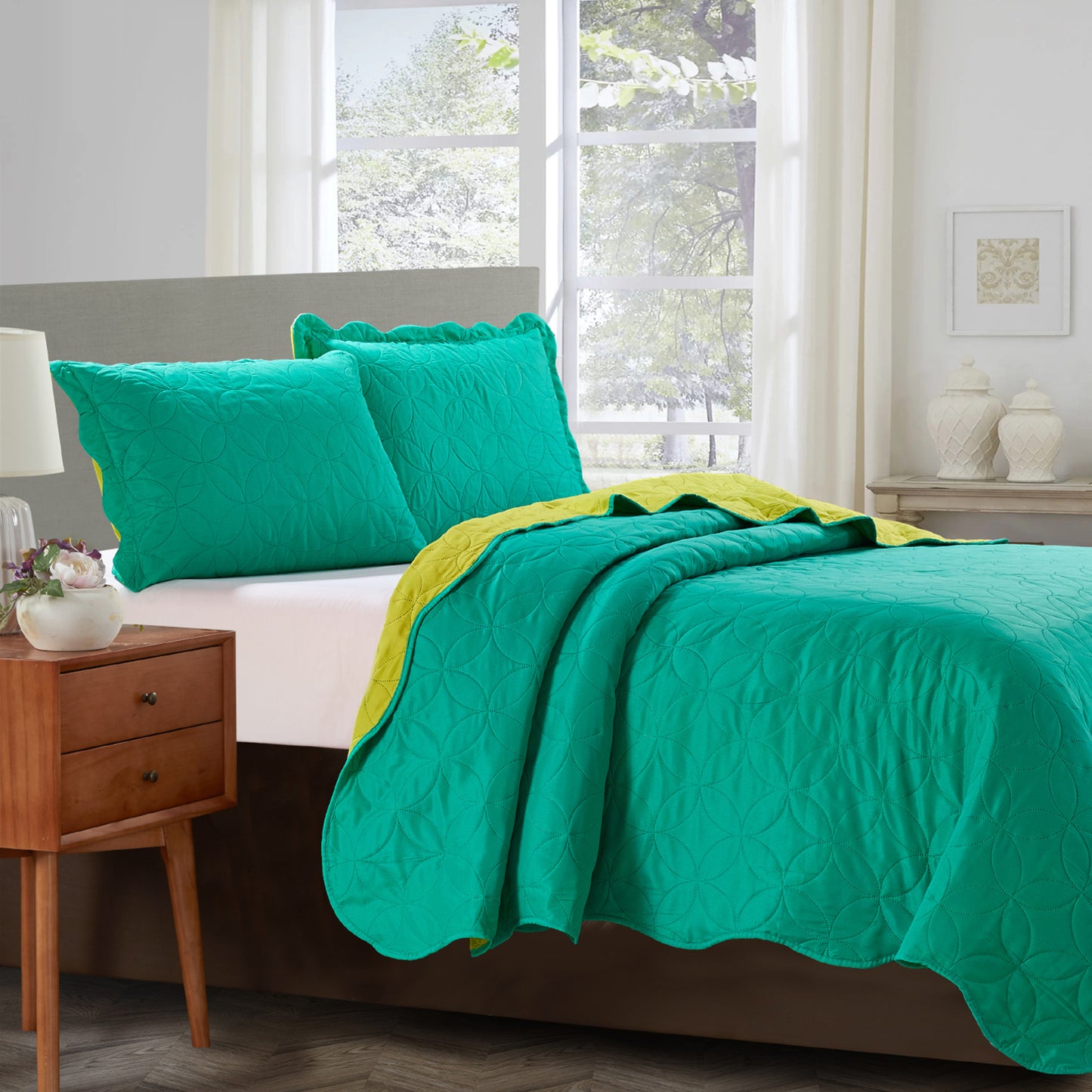 Sherry - 3 Piece - Solid Reversible Quilt Set - Turquoise - Glory Home Design